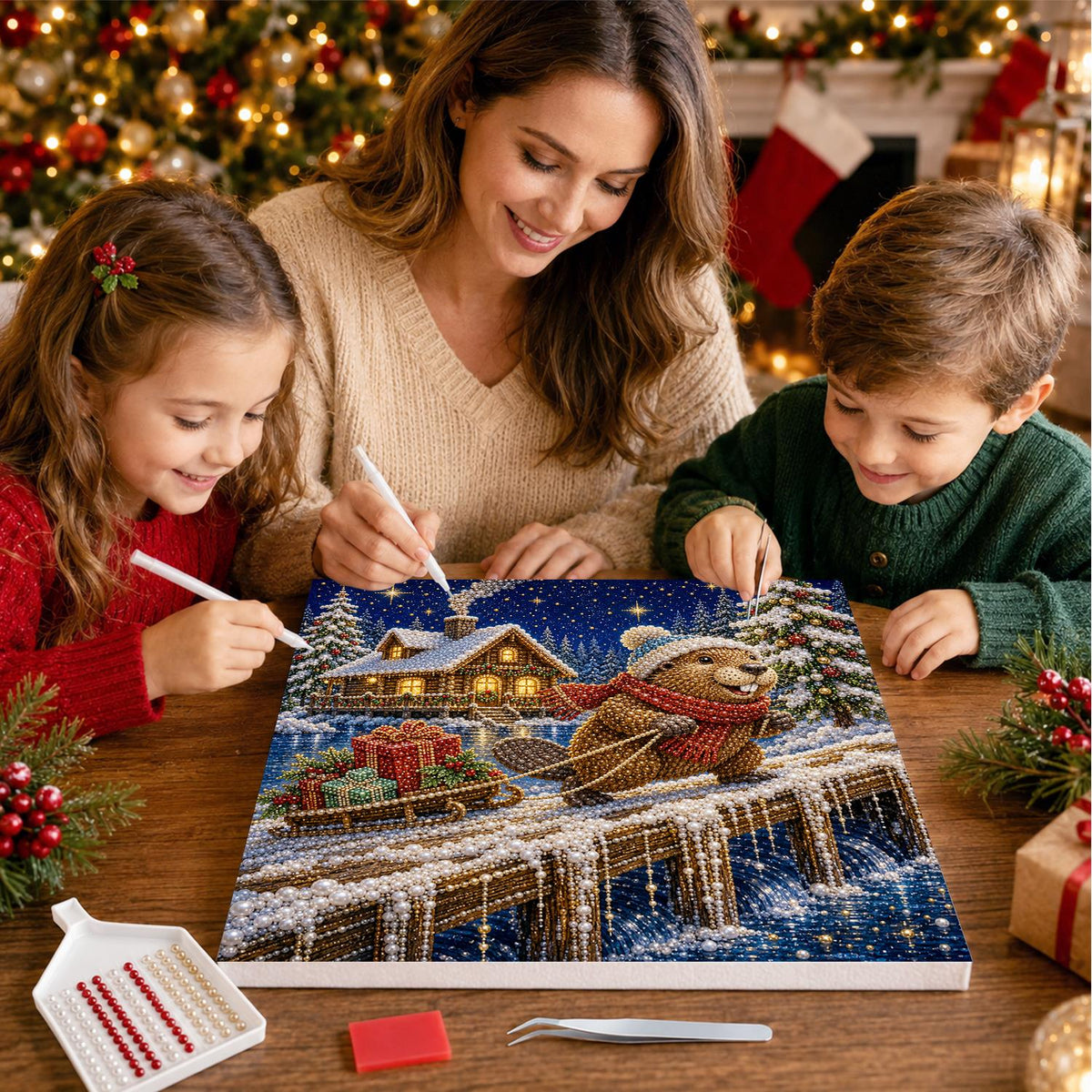 Beaver's Snowy Night Sled Run pearl painting – image 15