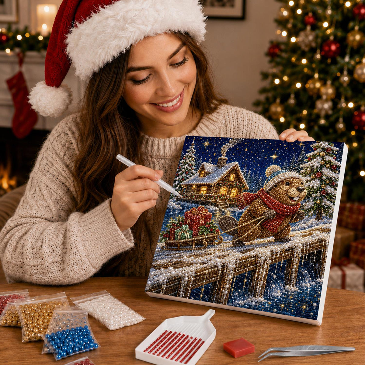 Beaver's Snowy Night Sled Run pearl painting – image 16