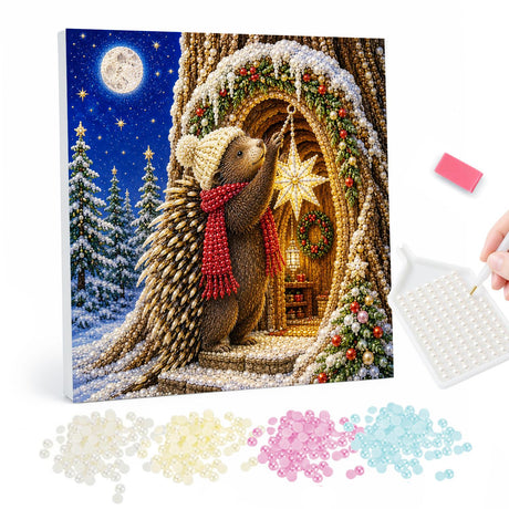 Christmas Hedgehog at the Woodland Door pearl painting – image 1