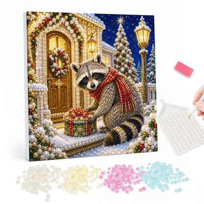 Raccoon at the Golden Door pearl painting – Raccoon in a red scarf placing a wrapped gift at a glowing doorway hung with a wreath, lamppost beside