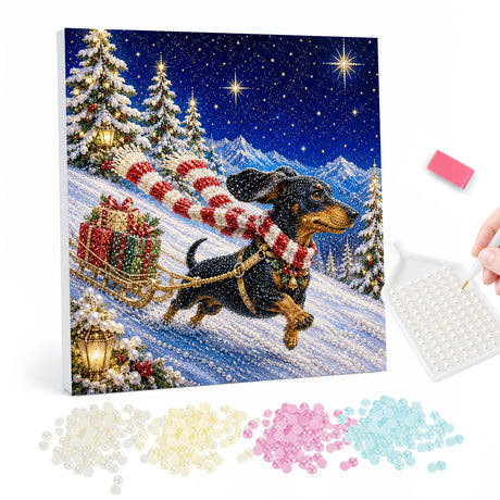 Christmas Dachshund with Gift Sled pearl painting – image 1