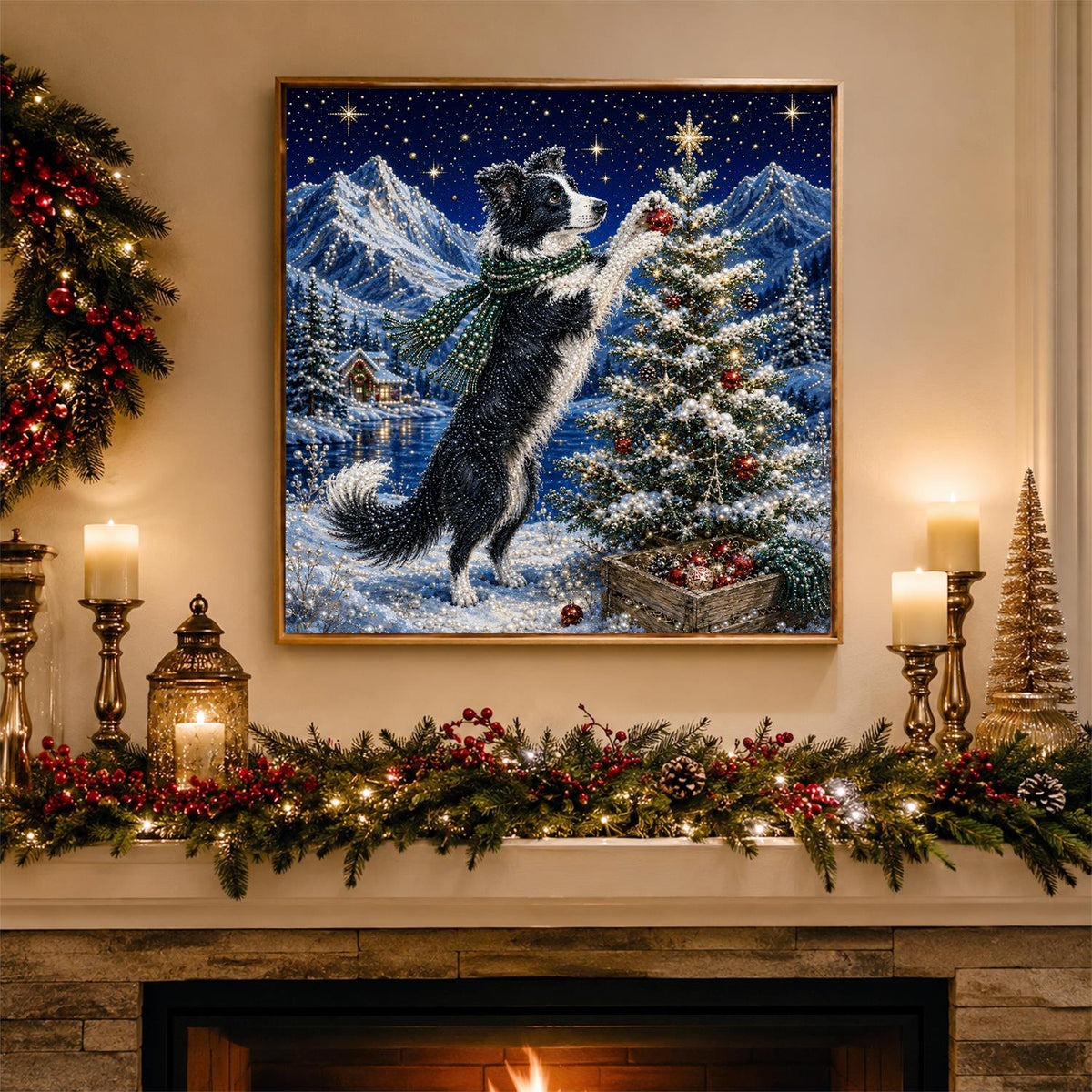 Border Collie Hanging a Bauble pearl painting – image 3