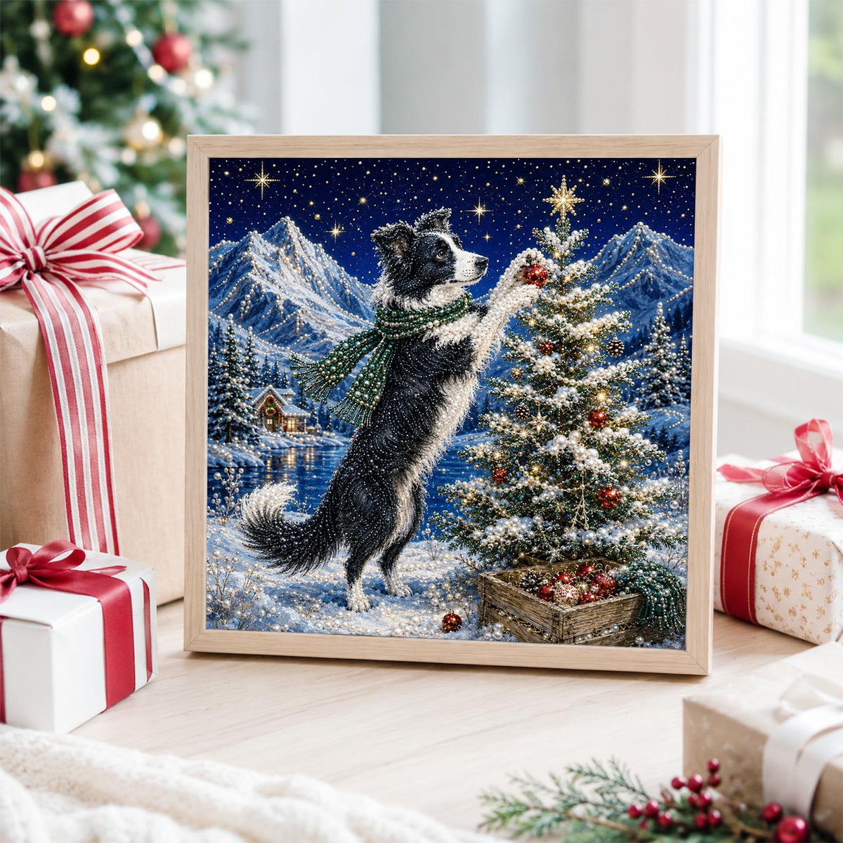 Border Collie Hanging a Bauble pearl painting – image 4