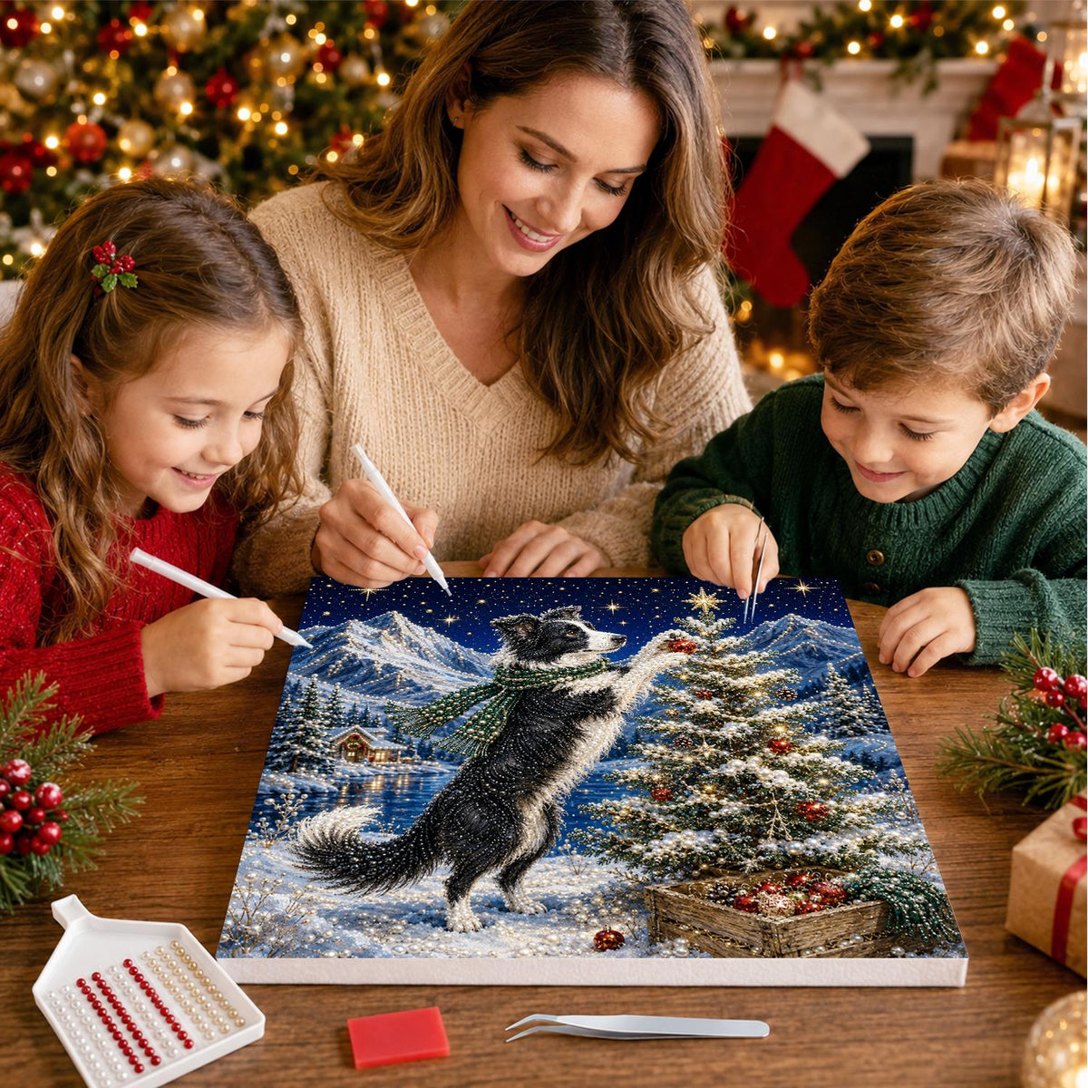 Border Collie Hanging a Bauble pearl painting – image 15