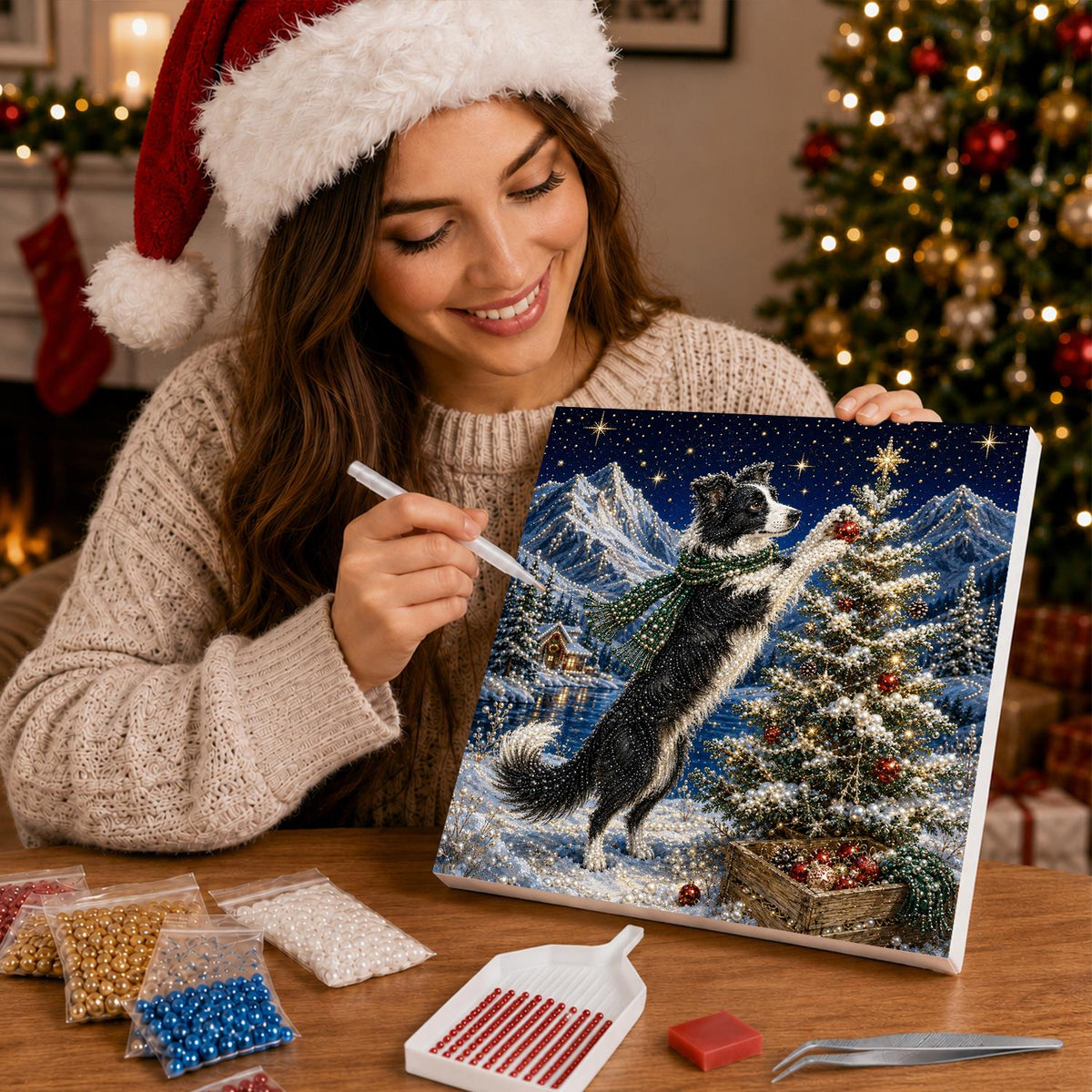 Border Collie Hanging a Bauble pearl painting – image 16