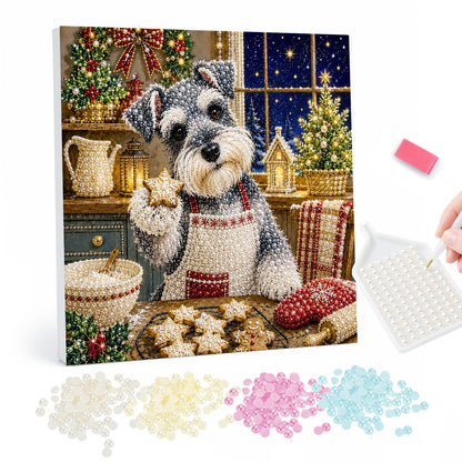 Schnauzer Baking Star Cookies pearl painting – Grey schnauzer in a white apron holding a star cookie beside a mixing bowl, oven mitt and cookies by a window