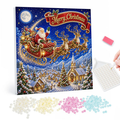 Santa's Sleigh Over the Village pearl painting – Santa's sleigh and reindeer flying over a snowy village and church with a Merry Christmas banner