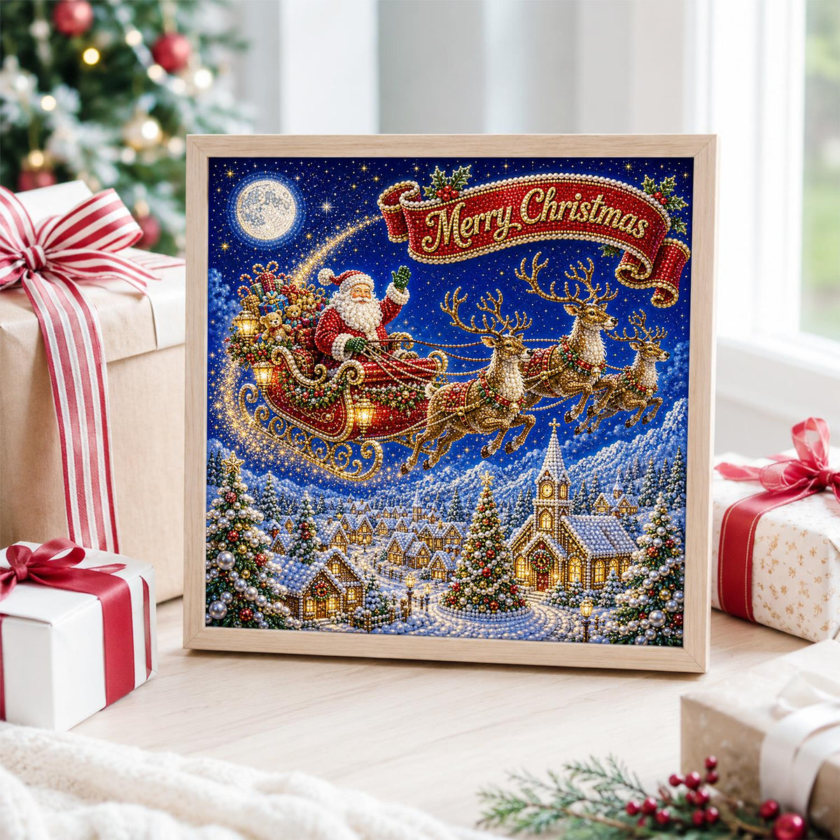 Santa's Sleigh Over the Village pearl painting – image 4