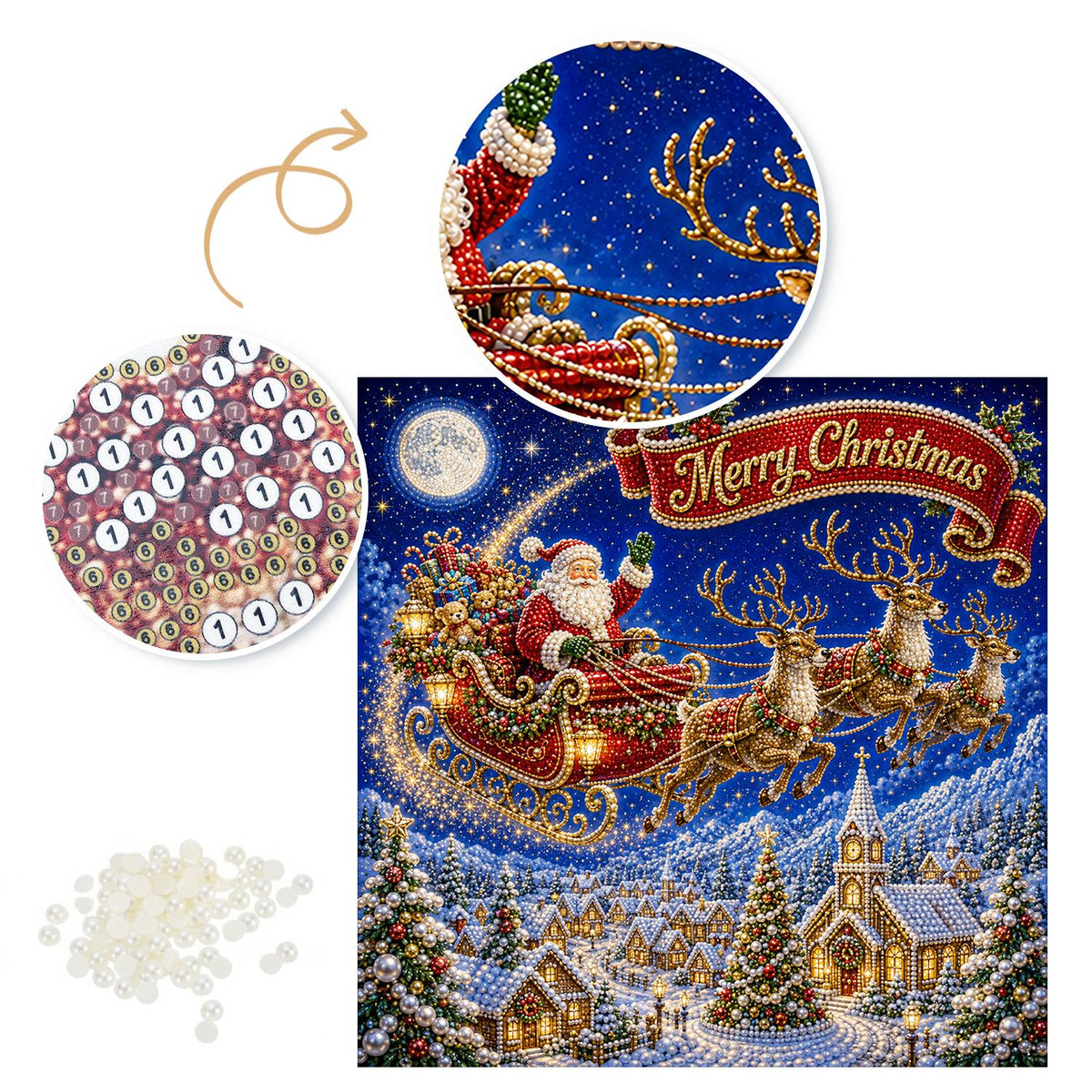 Santa's Sleigh Over the Village pearl painting – image 6