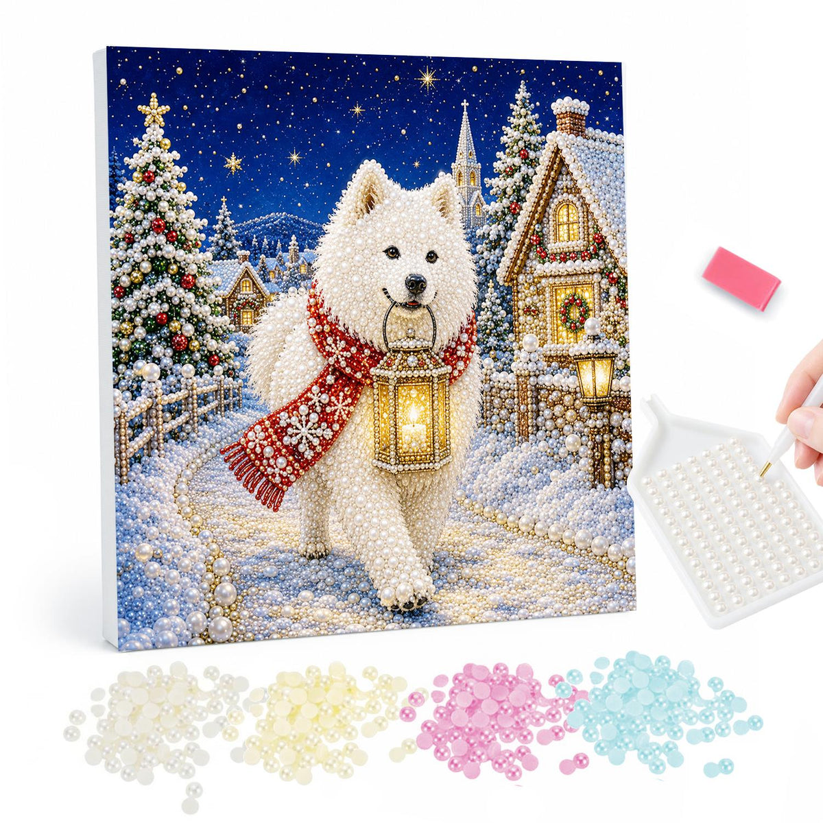 Samoyed's Lantern-Lit Stroll pearl painting – Fluffy white Samoyed in a red scarf carrying a lantern along a snowy village path at night