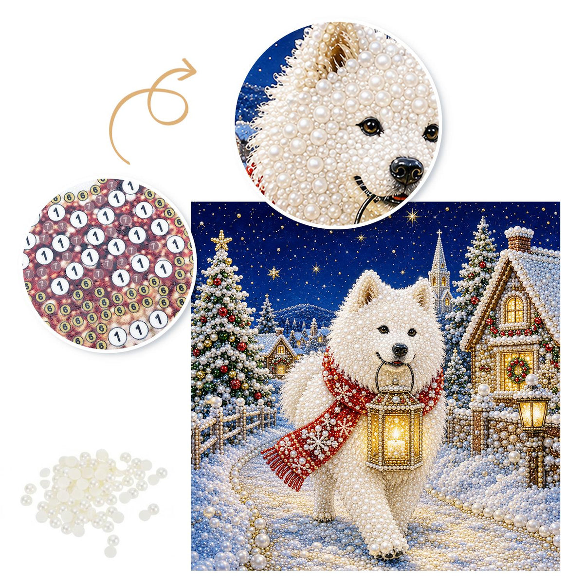 Samoyed's Lantern-Lit Stroll pearl painting – image 6