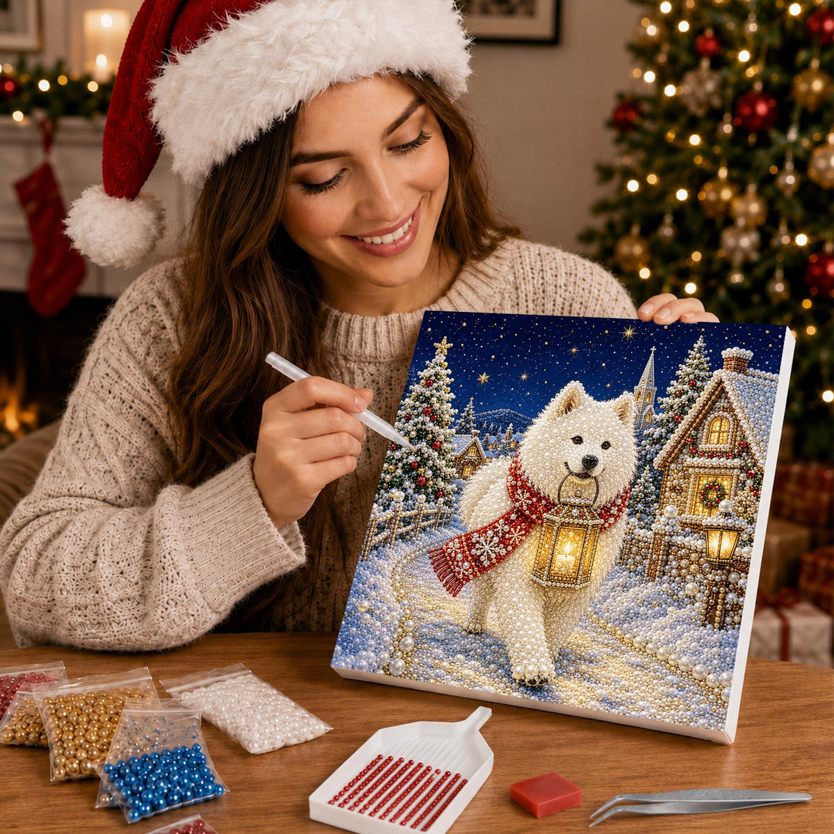 Samoyed's Lantern-Lit Stroll pearl painting – image 16