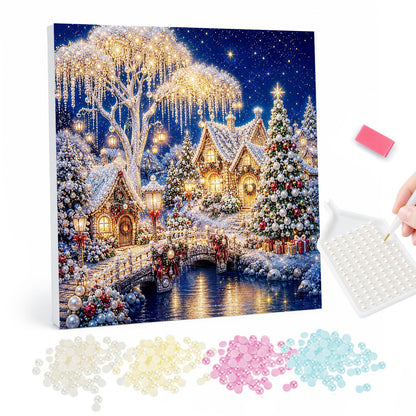 Lit Willow and River Bridge pearl painting – Snowy village of glowing cottages by a dark river with an arched bridge under a light-draped willow