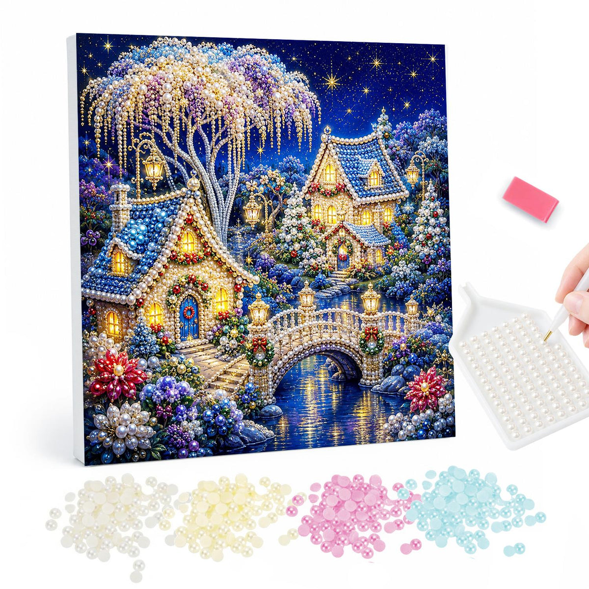 Blue Blossom River Village pearl painting – Glowing cottages, an arched bridge and blue and pink blooms along a river beneath a frosted willow