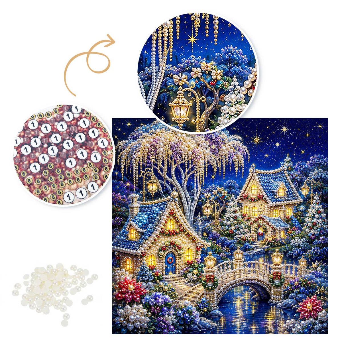 Blue Blossom River Village pearl painting – image 6