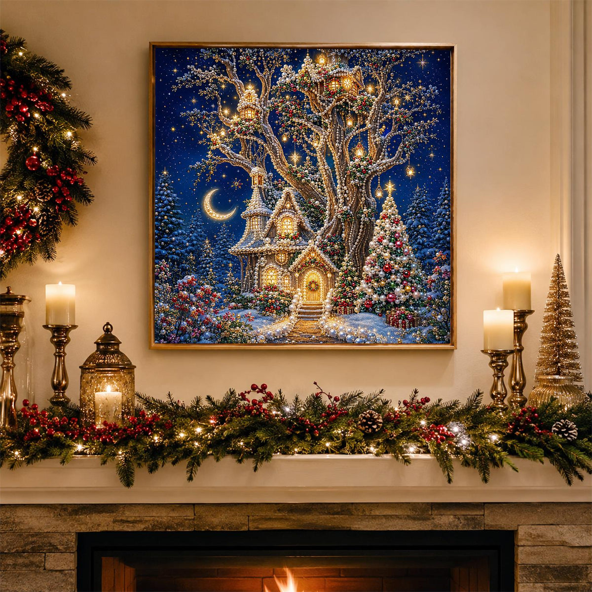 Light-Strung Tree Cottage pearl painting – image 3