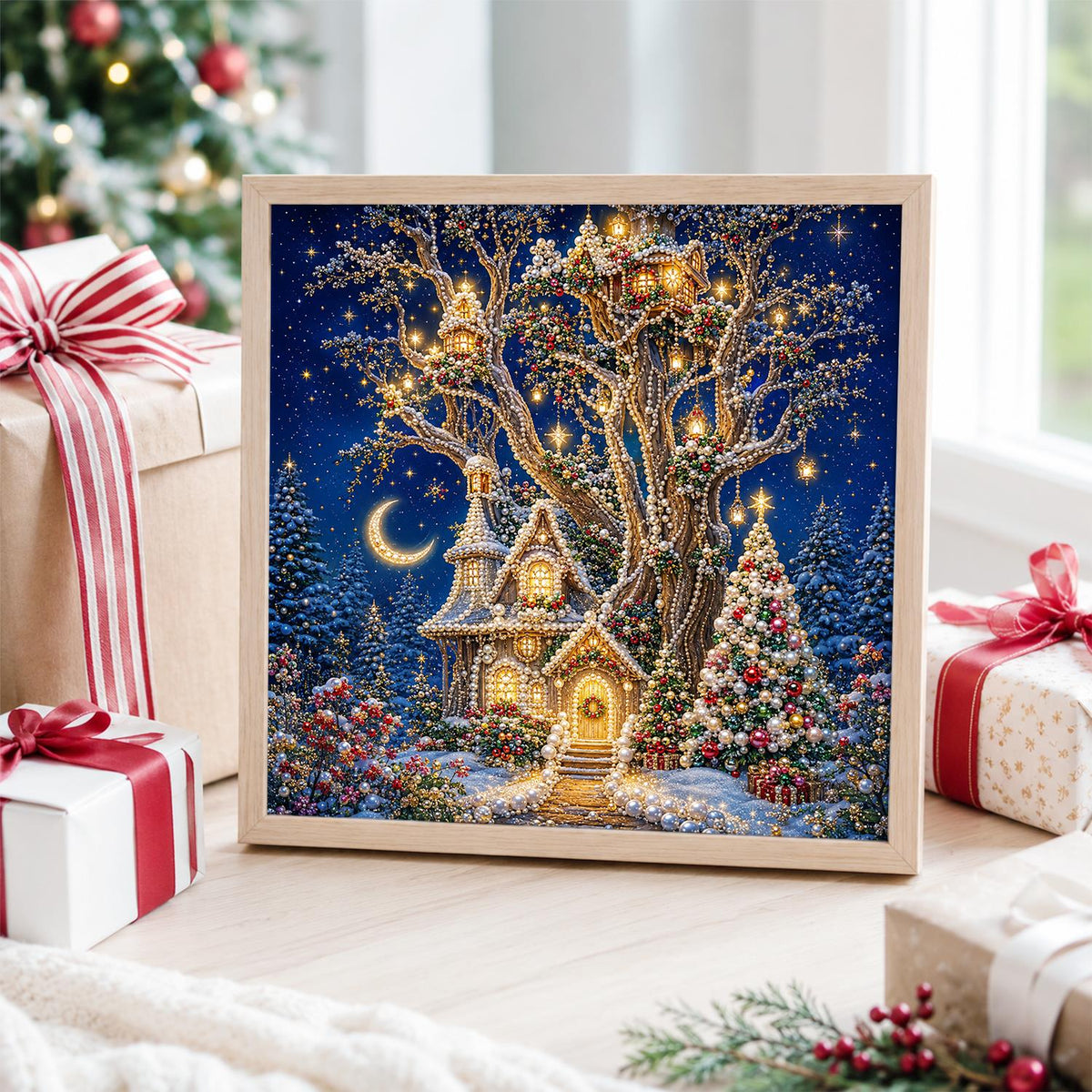 Light-Strung Tree Cottage pearl painting – image 4