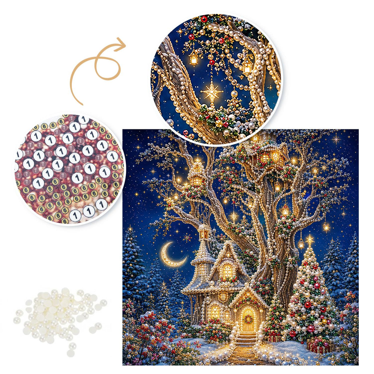 Light-Strung Tree Cottage pearl painting – image 6