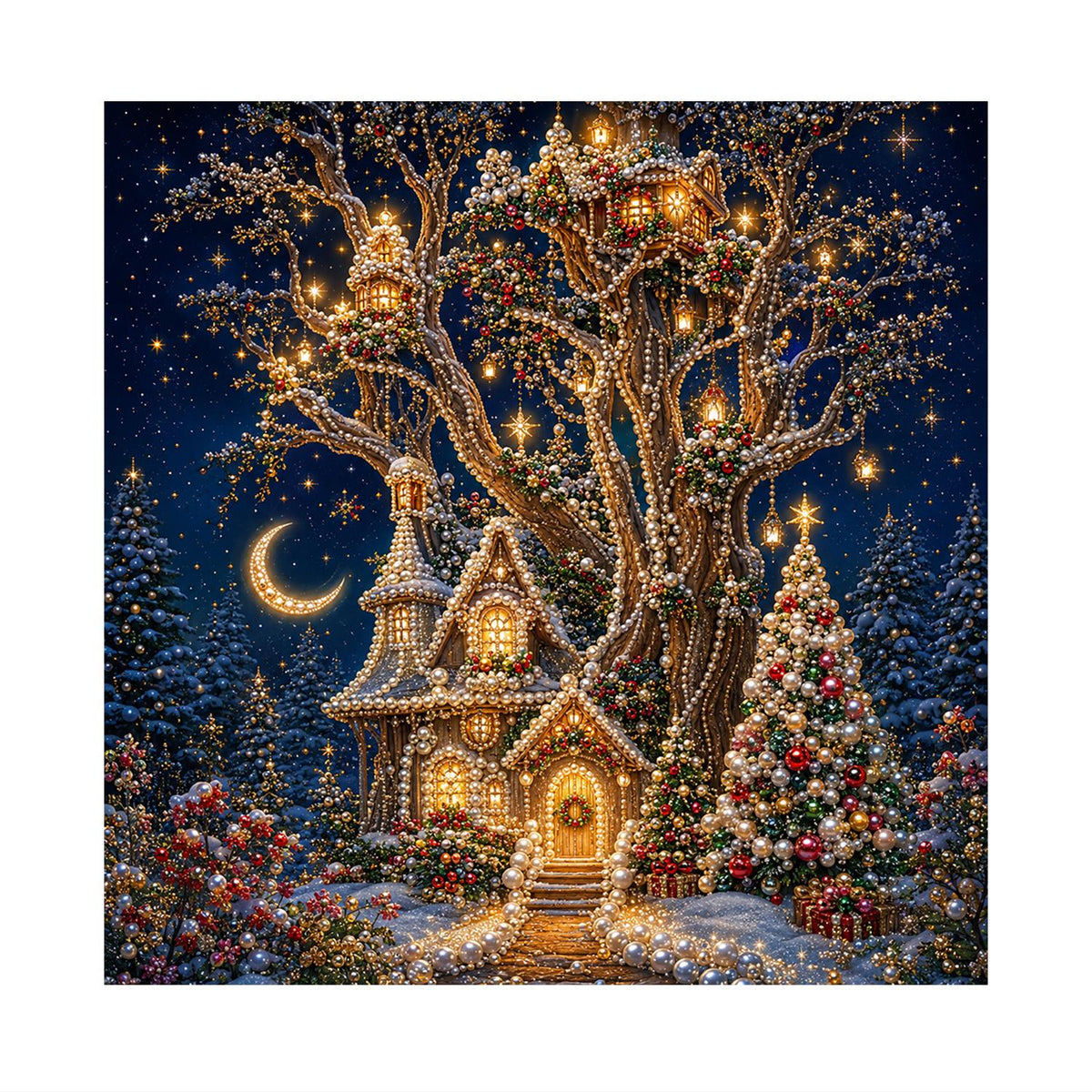 Light-Strung Tree Cottage pearl painting – image 11