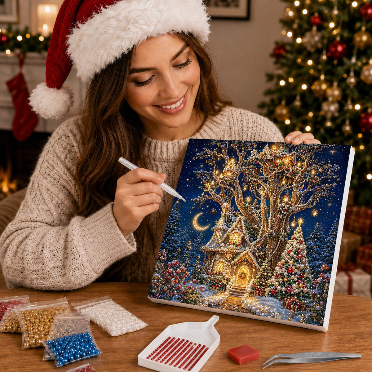 Light-Strung Tree Cottage pearl painting – image 16