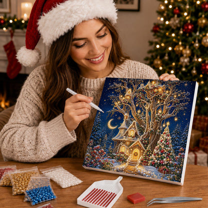 Light-Strung Tree Cottage pearl painting – image 16