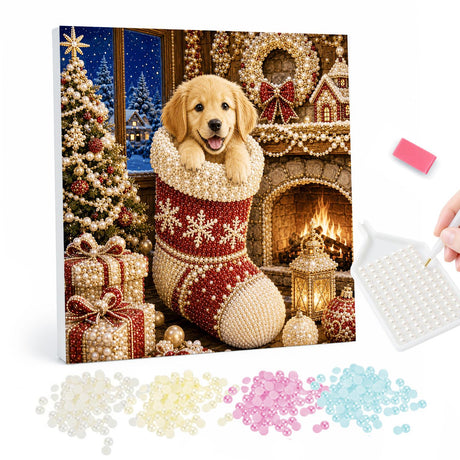 Christmas Puppy in a Stocking pearl painting – image 1