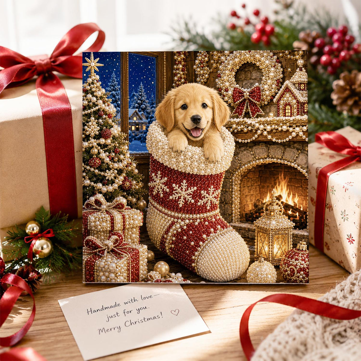 Puppy in a Snowflake Stocking pearl painting – image 2