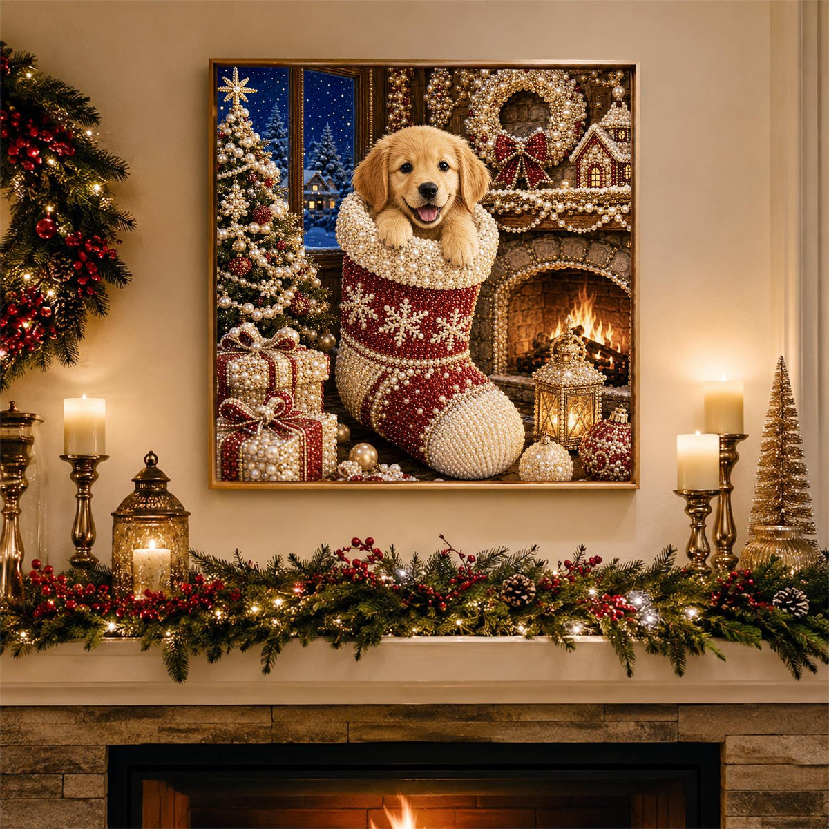 Puppy in a Snowflake Stocking pearl painting – image 3