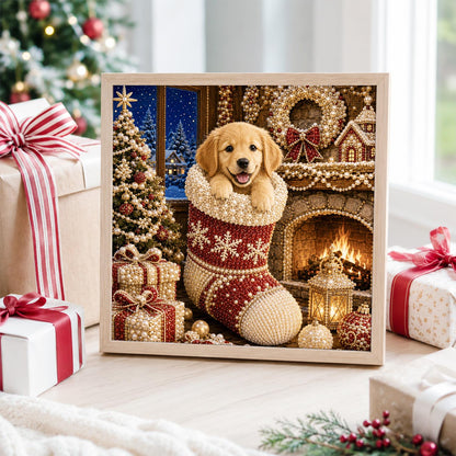 Puppy in a Snowflake Stocking pearl painting – image 4