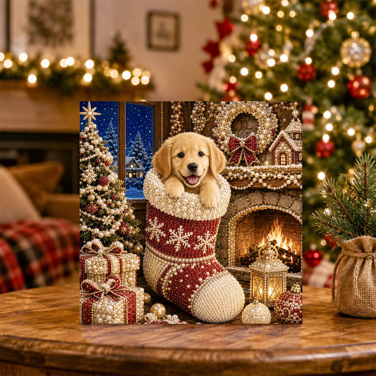 Puppy in a Snowflake Stocking pearl painting – image 5