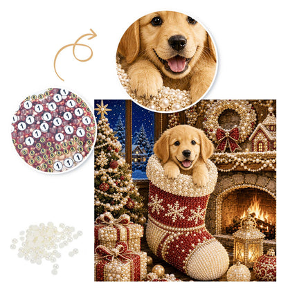Puppy in a Snowflake Stocking pearl painting – image 6