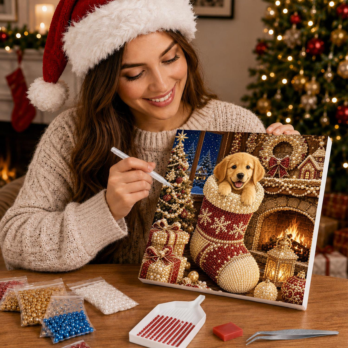 Puppy in a Snowflake Stocking pearl painting – image 16