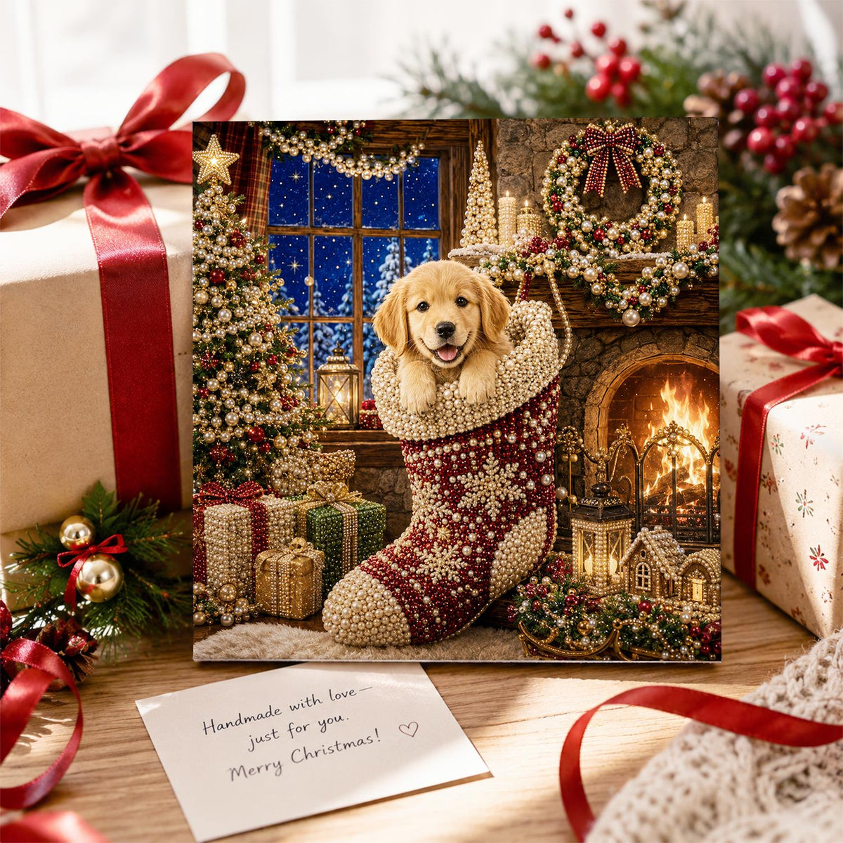 Retriever Pup by the Snowy Window pearl painting – image 2