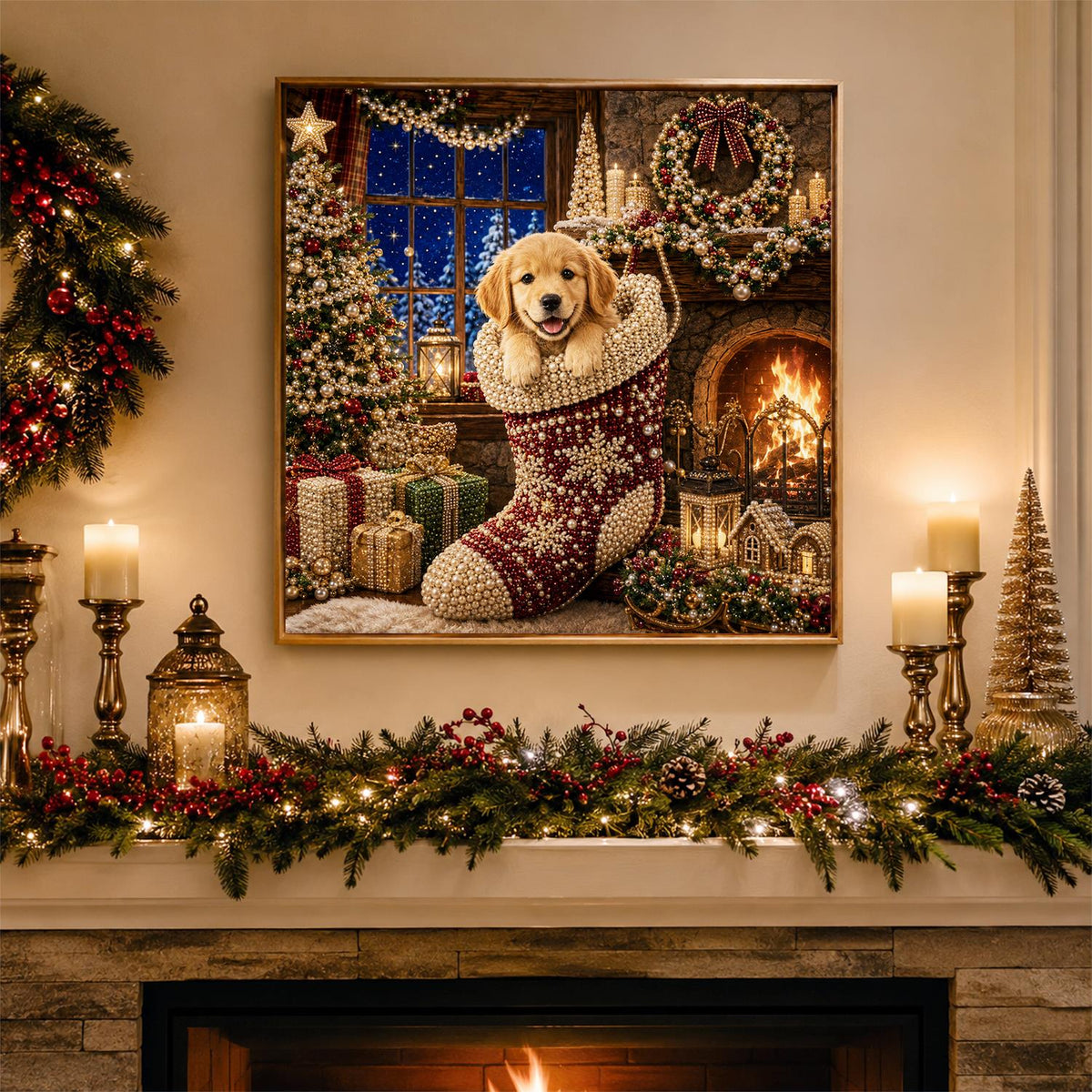 Retriever Pup by the Snowy Window pearl painting – image 3