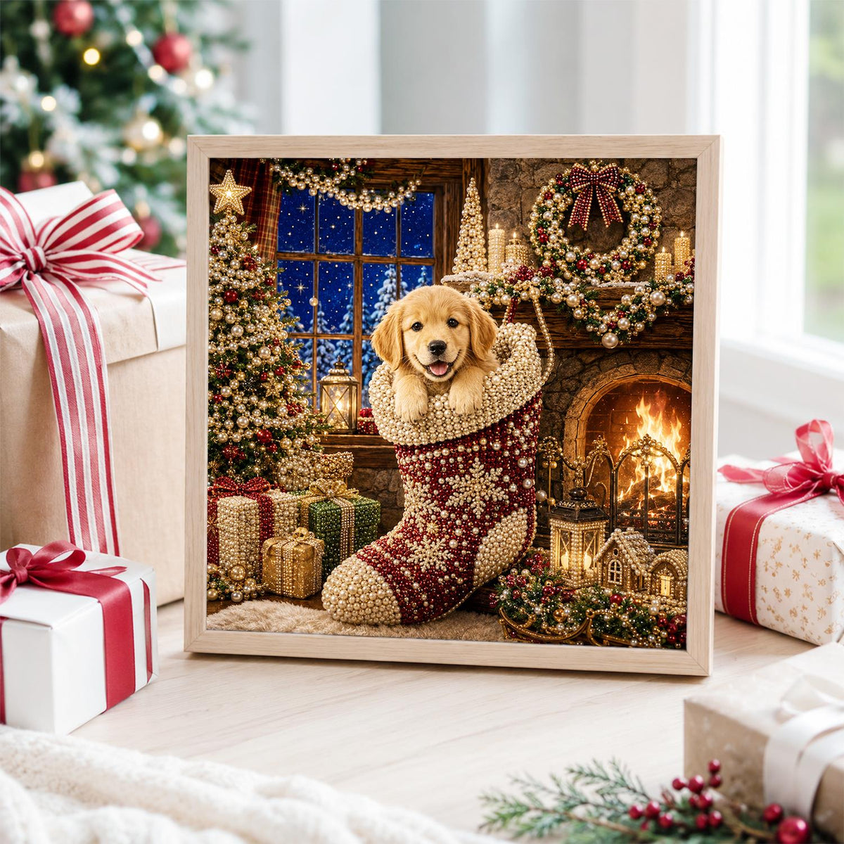 Retriever Pup by the Snowy Window pearl painting – image 4