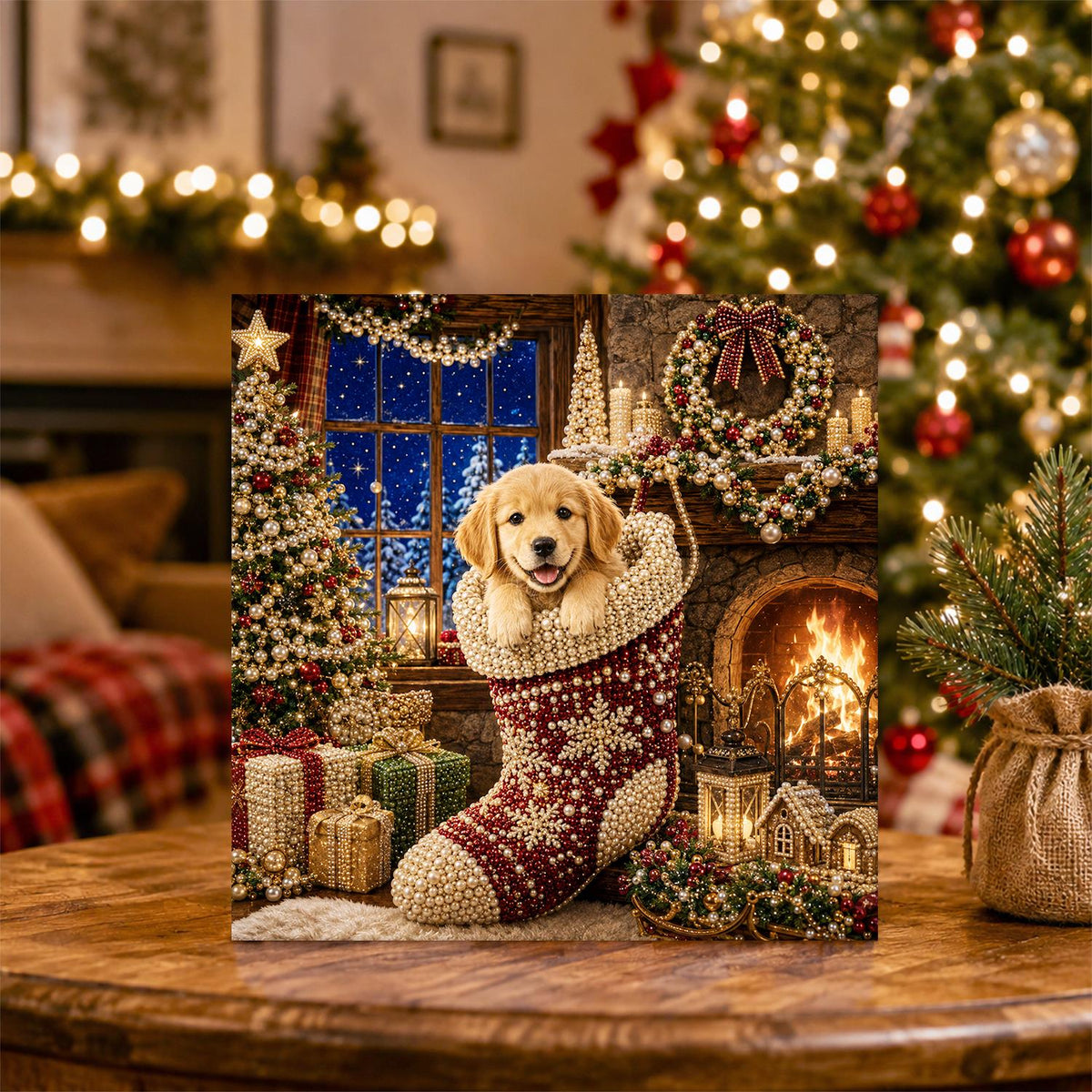 Retriever Pup by the Snowy Window pearl painting – image 5