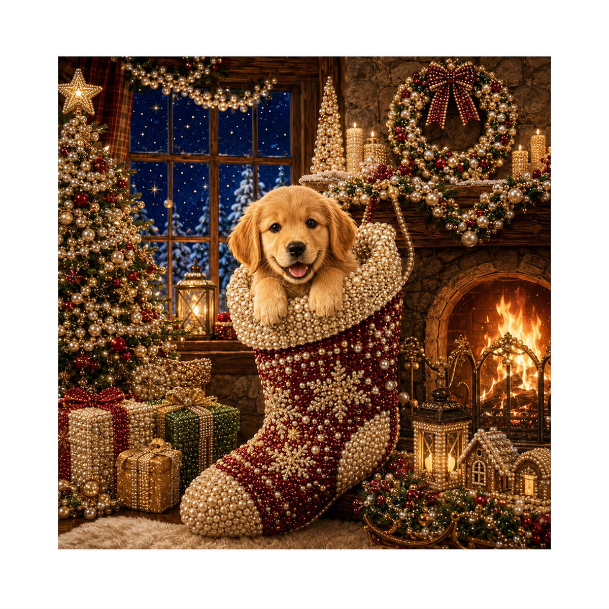 Retriever Pup by the Snowy Window pearl painting – image 11
