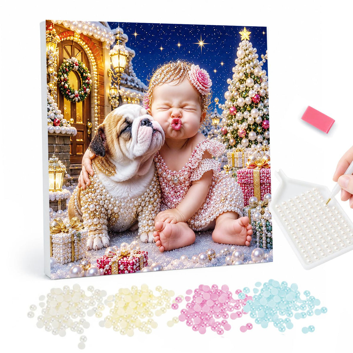 Baby's Kiss for the Bulldog pearl painting – Baby girl with a pink bow puckering up to kiss a bulldog beside a lit Christmas tree and gifts