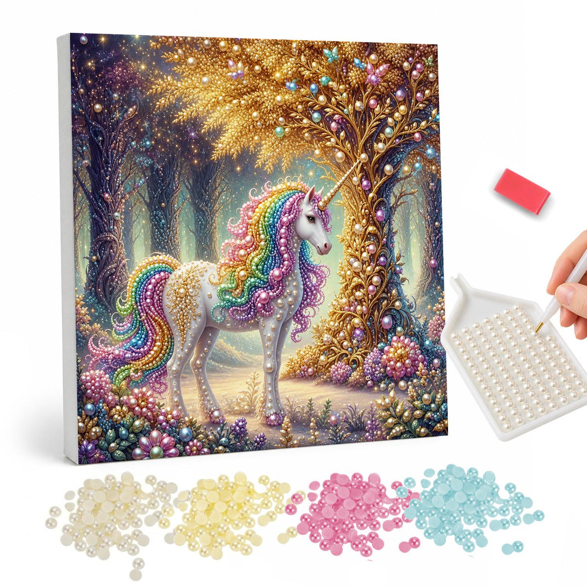 Unicorn by the Golden Tree pearl painting – White unicorn with a rainbow mane beside a glowing golden tree in an enchanted forest