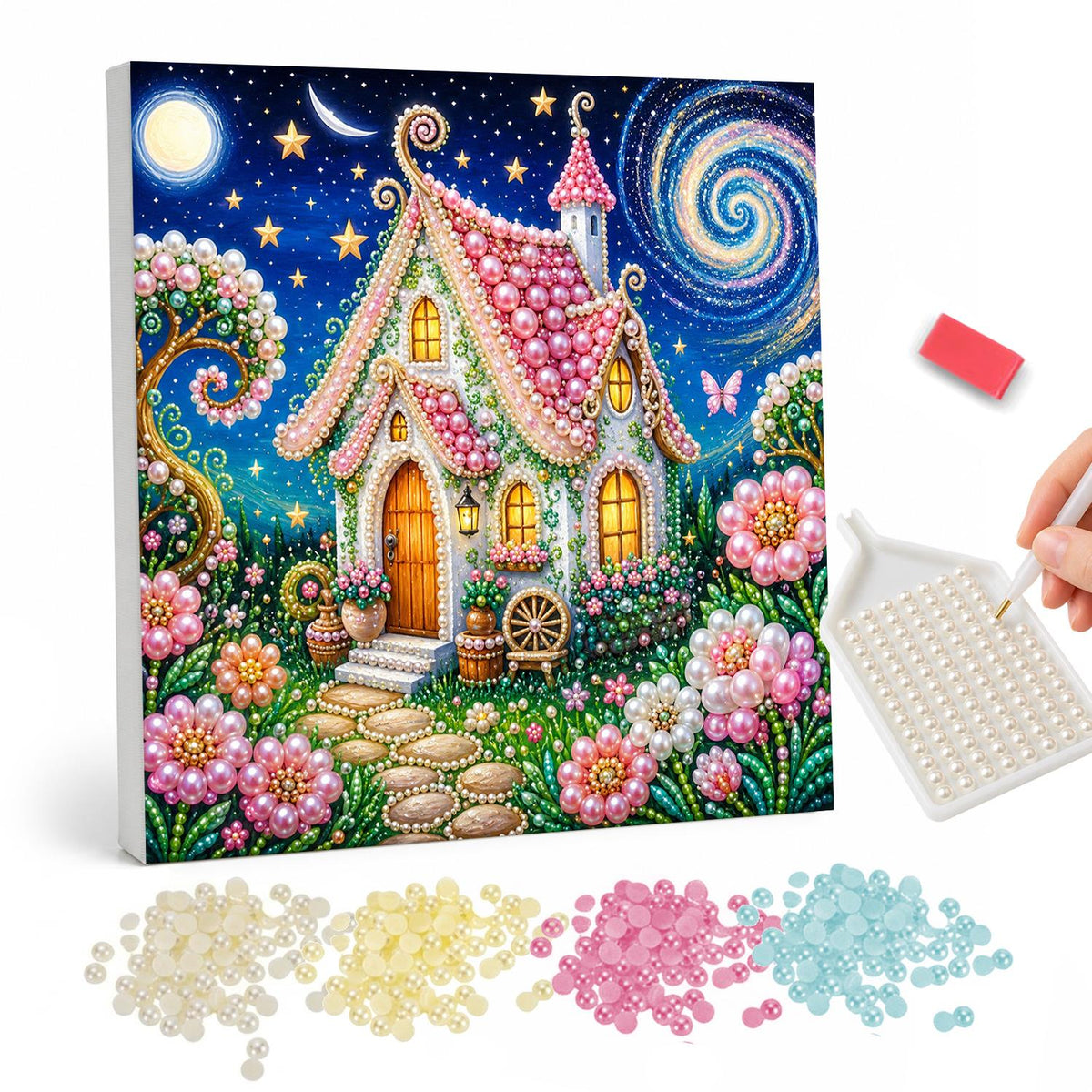 Pink-Roofed Fairy Cottage pearl painting – Fairy cottage with a pink beaded roof, pink flowers and a stone path under a swirling starry sky and moon