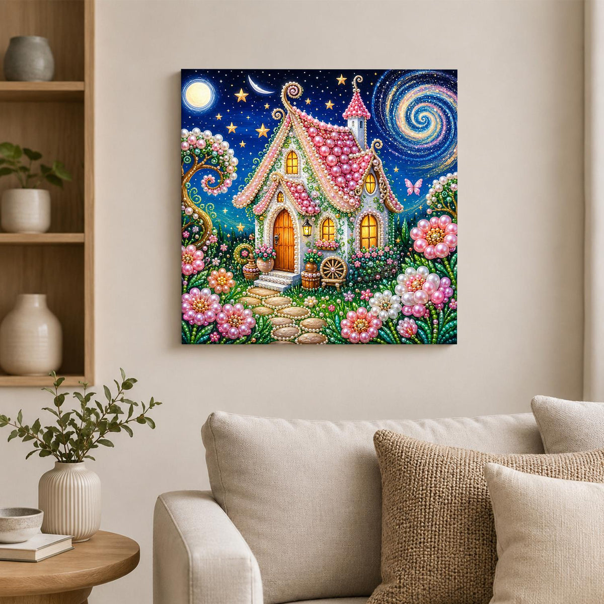 Pink-Roofed Fairy Cottage pearl painting – image 2