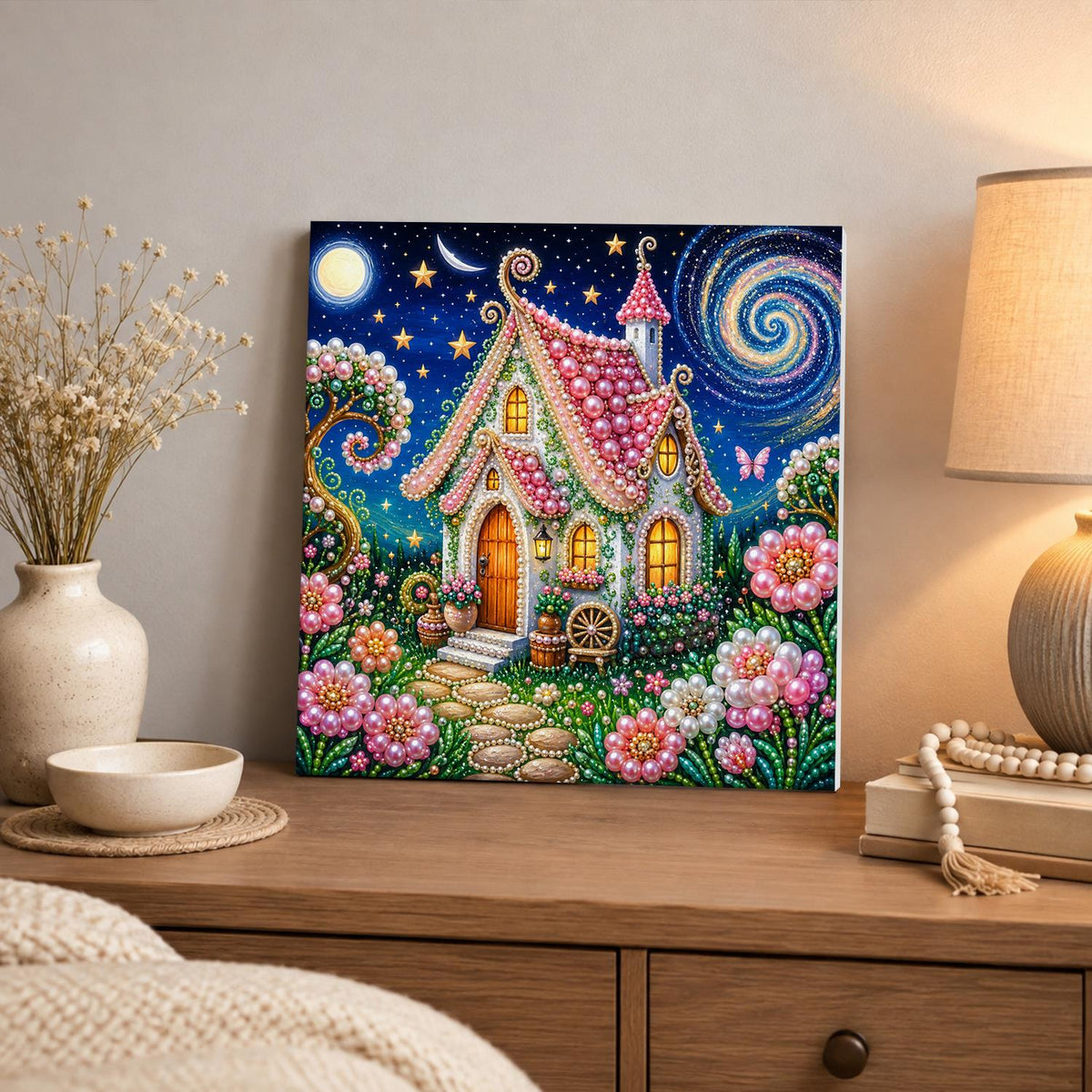 Pink-Roofed Fairy Cottage pearl painting – image 3