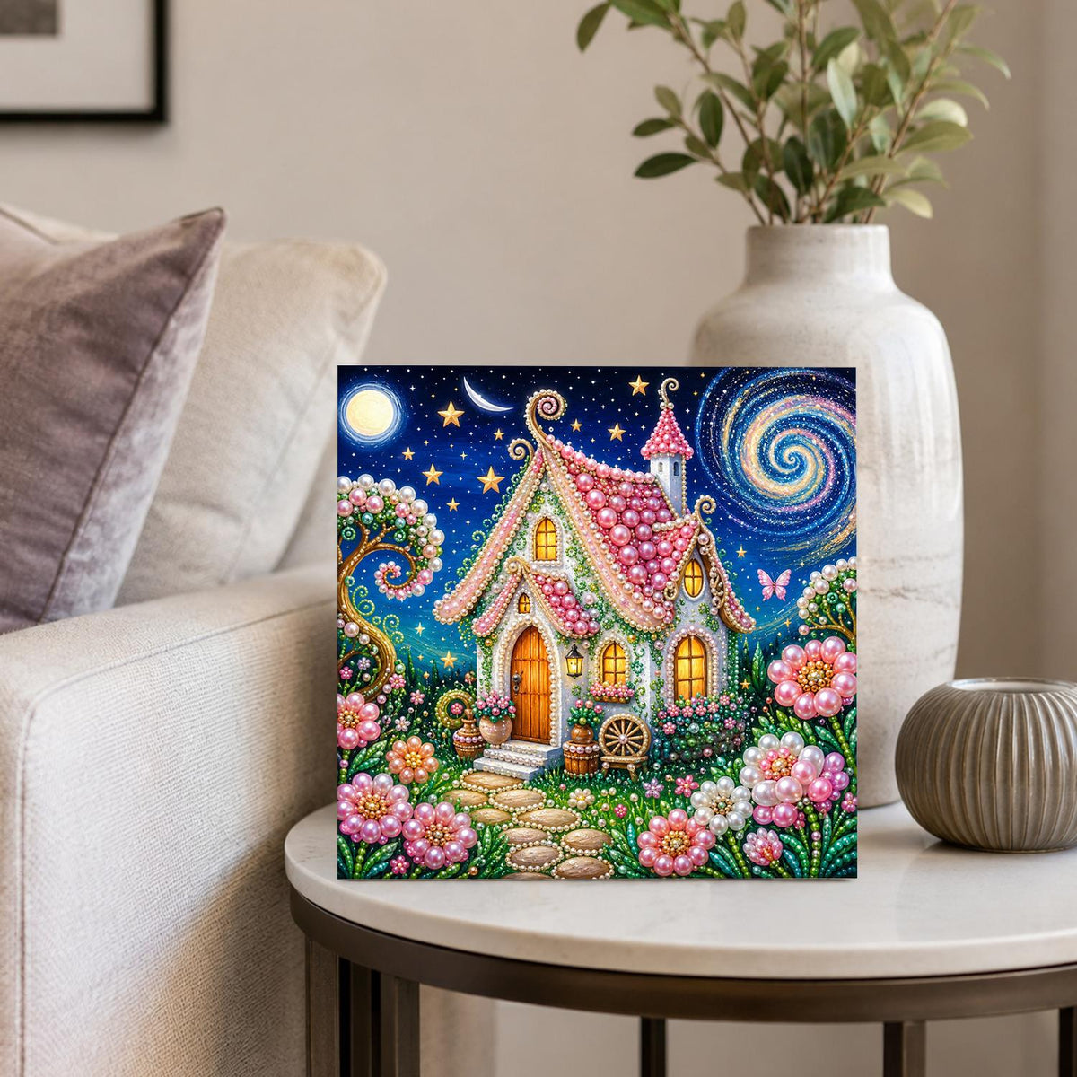 Pink-Roofed Fairy Cottage pearl painting – image 4