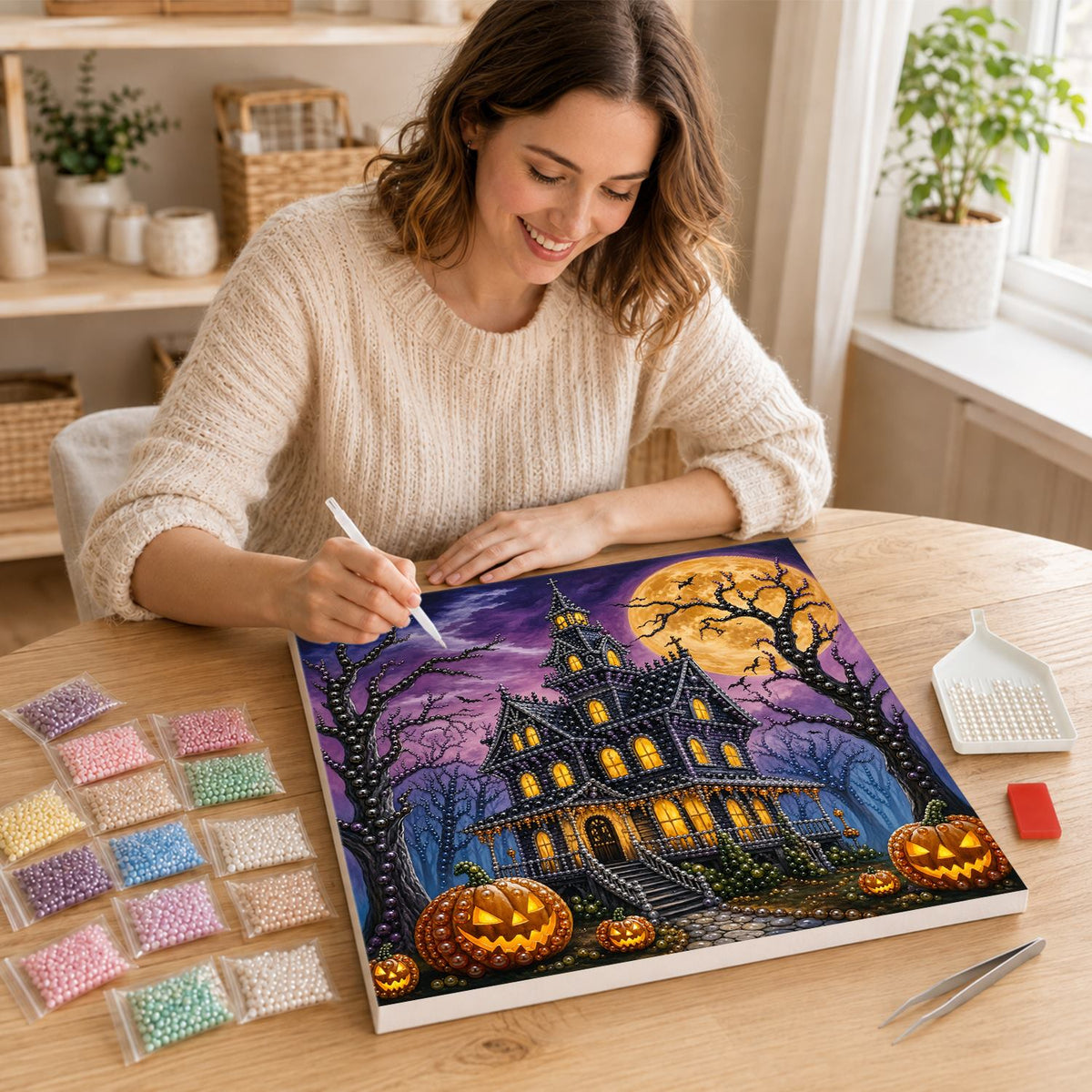 Turreted Haunted House at Night pearl painting – image 16