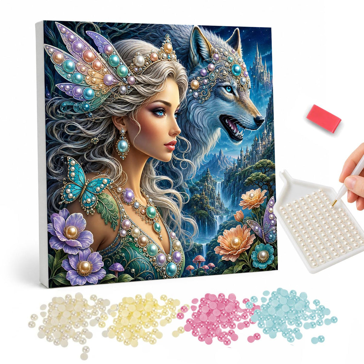 Fairy Queen and Silver Wolf pearl painting – Fairy woman with jeweled butterfly wings and long hair beside a grey wolf, a castle behind