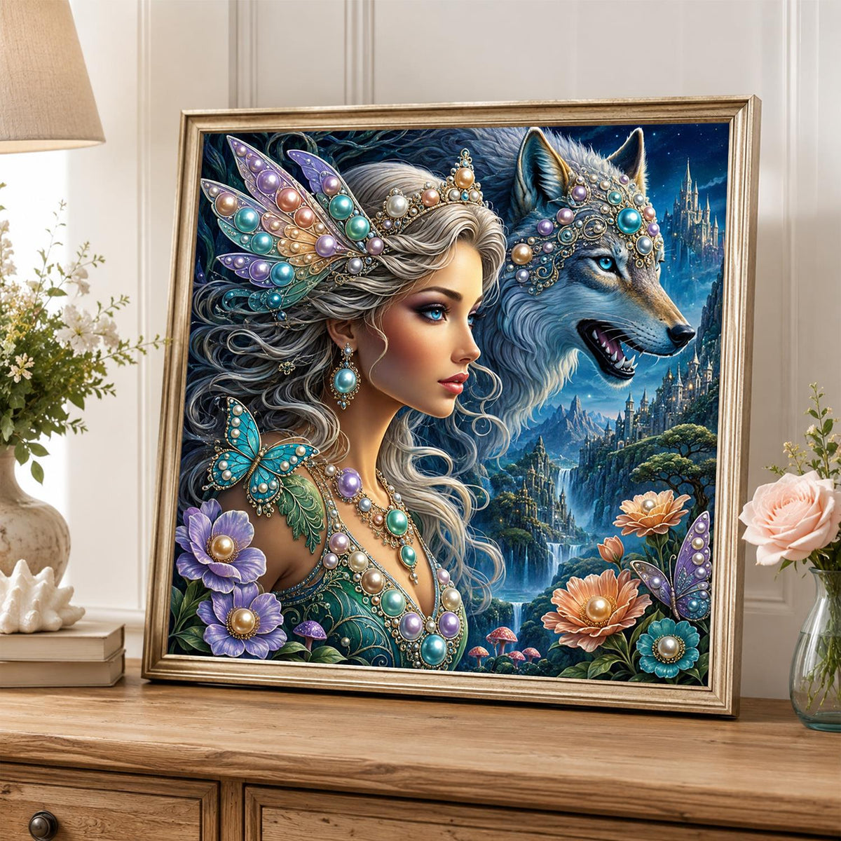 Fairy Queen and Silver Wolf pearl painting – image 5