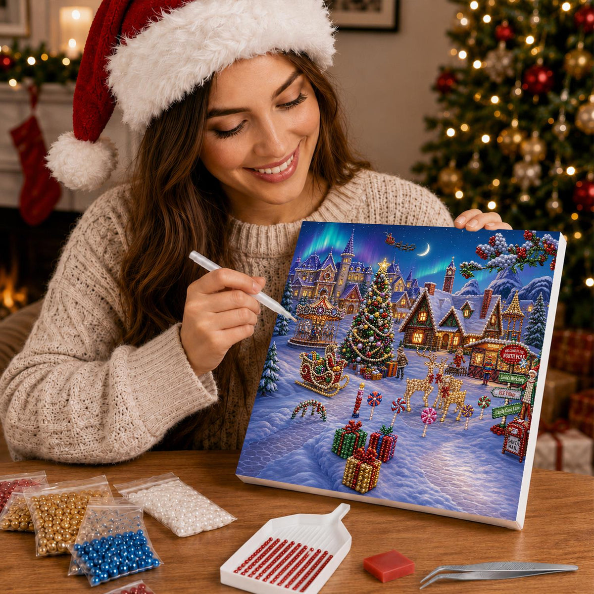Aurora Over the Carousel Village pearl painting – image 16