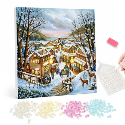 Hillside Hamlet with Deer pearl painting – Snow-covered hillside village with glowing windows, a horse-drawn sleigh, deer and bare winter trees