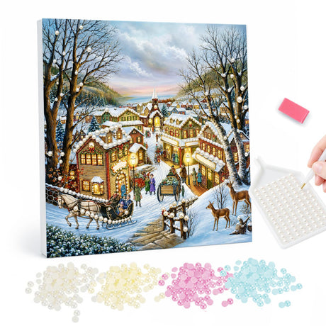 Pearl Painting of a Snowy Christmas Village pearl painting – image 1