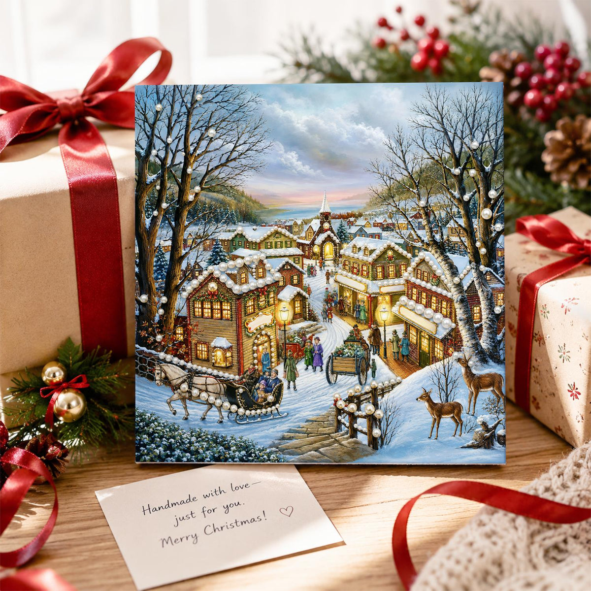 Hillside Hamlet with Deer pearl painting – image 2